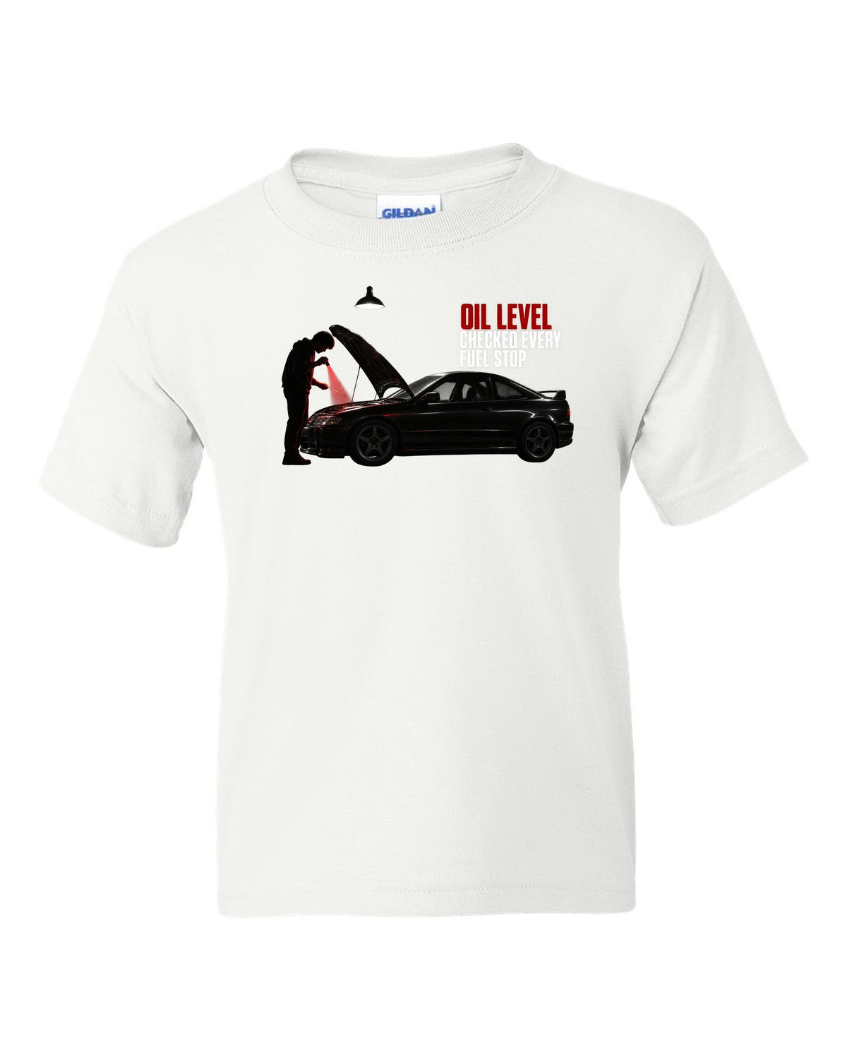 BMW E46 M3 coupe garage night print with oil level checked every fuel stop text white kids tee front view with the design