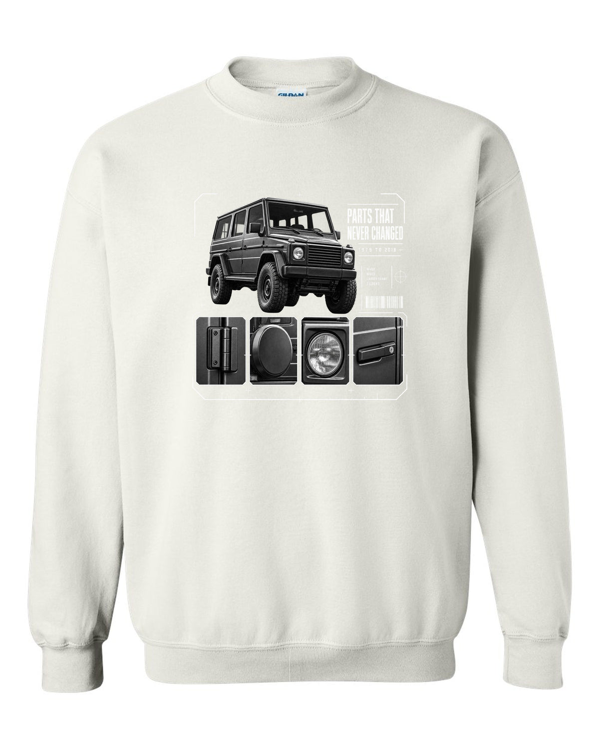 Three-panel dossier print of a Mercedes G-Class W463 with Parts T Never Changed lettering white crewneck front view with the design