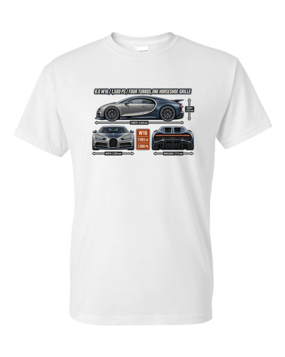print three-view drawing with spec table of a Bugatti Chiron in slate blue white t-shirt front view with the design