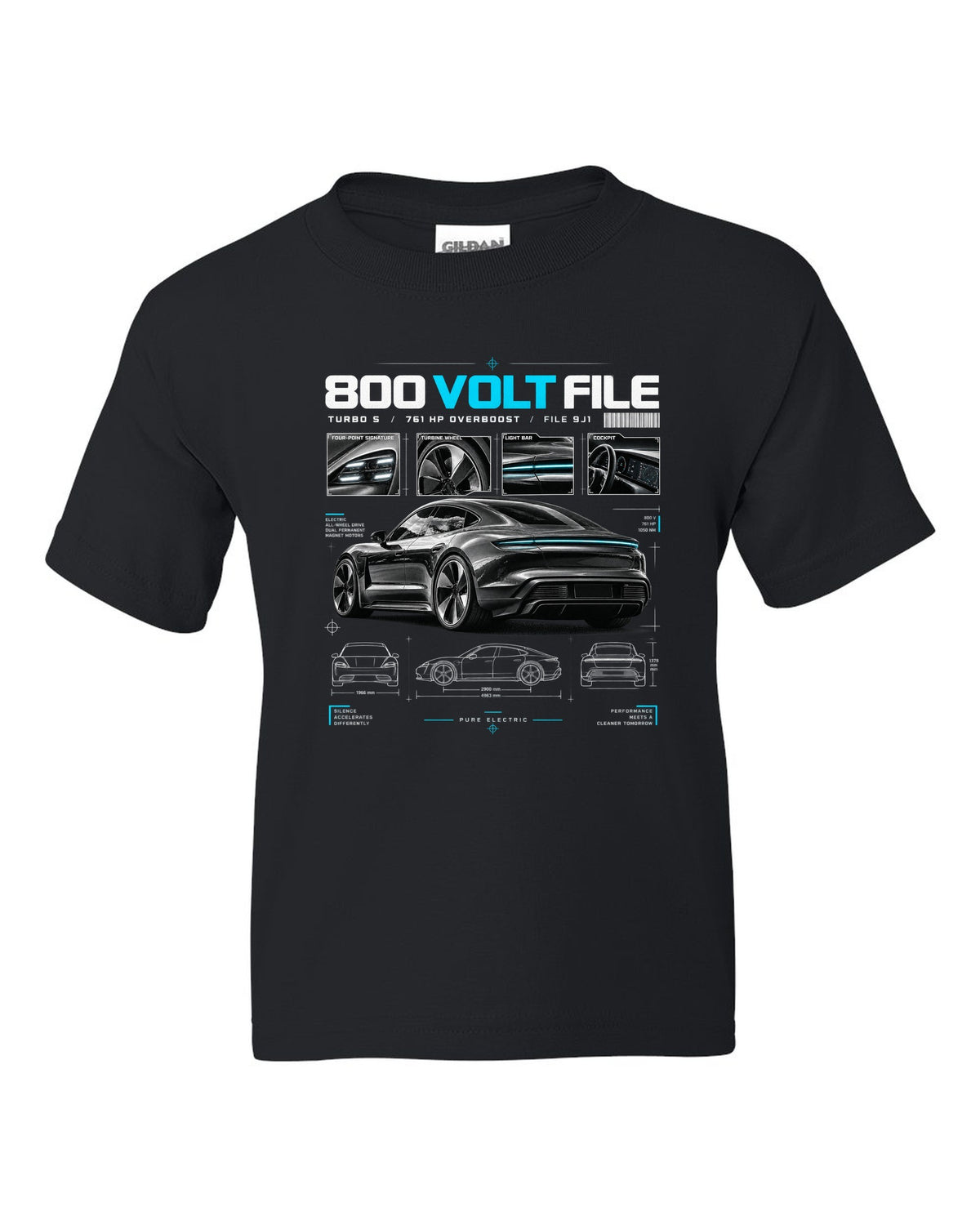 Dossier panel print of a 2020 Porsche Taycan Turbo S 9J1 with turbine wheel and light bar black kids tee front view with the design