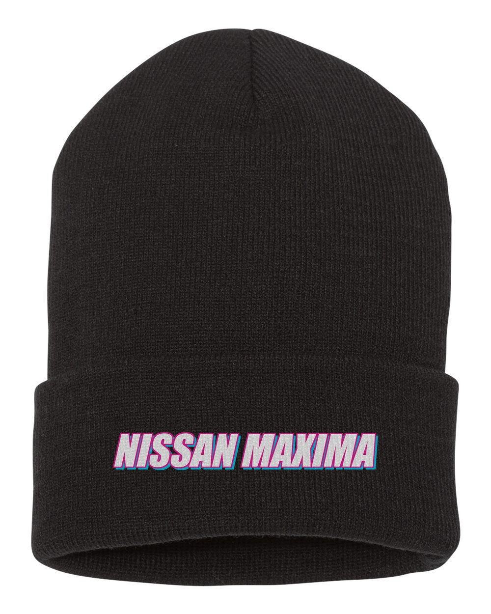 Nissan Maxima black beanie front view with car name