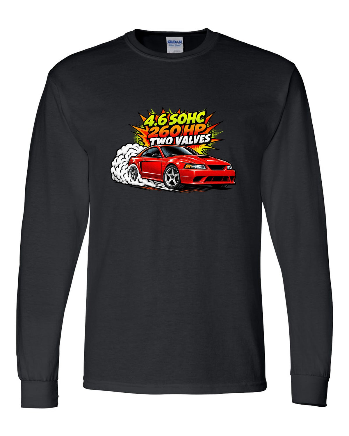 Comic halftone pop-art print of a 1999-2004 Ford Mustang SN95 New Edge burnout black long sleeve front view with the design