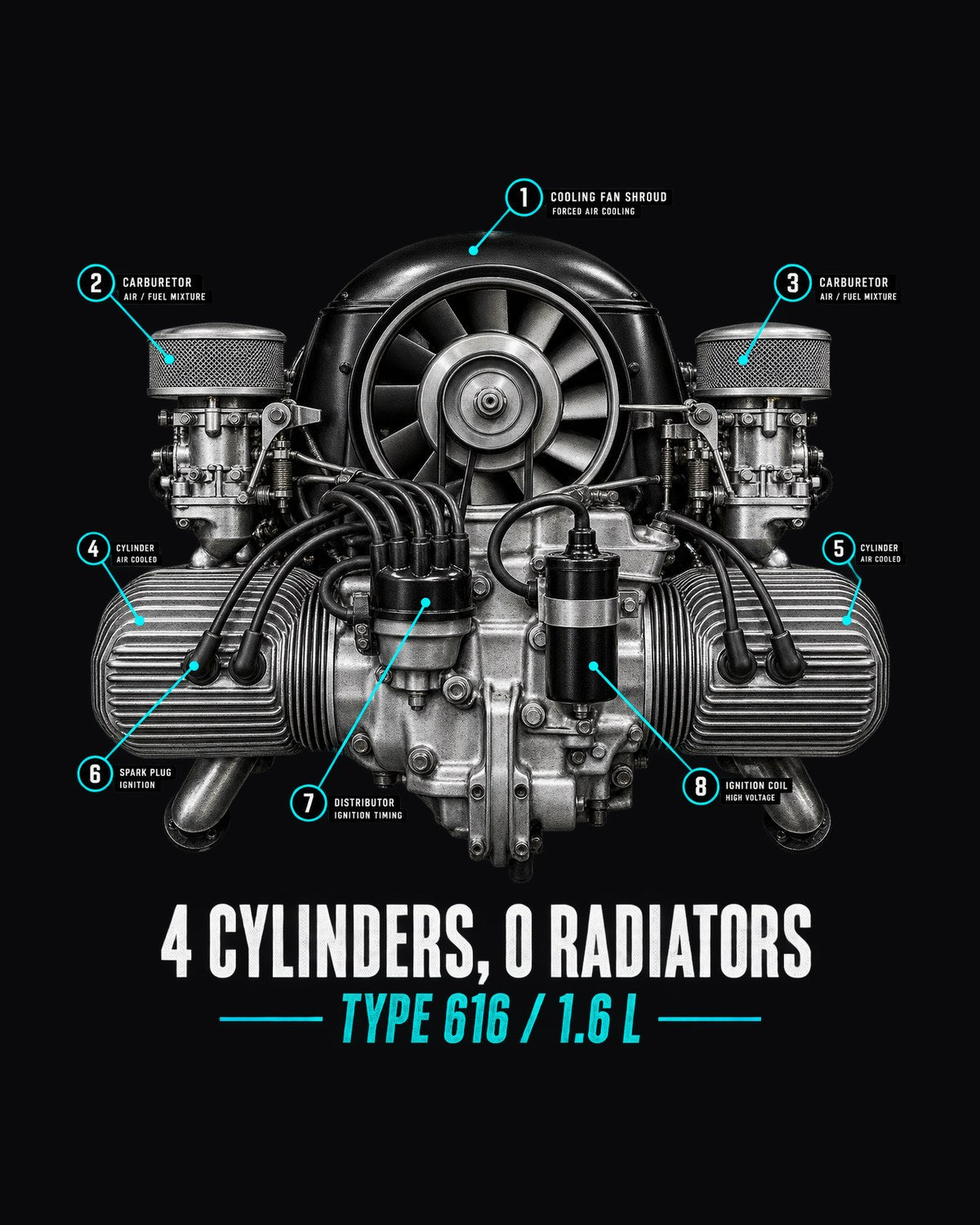 Porsche 356 Type 616 Engine Shirt, 4 Cylinders 0 Radiators design only