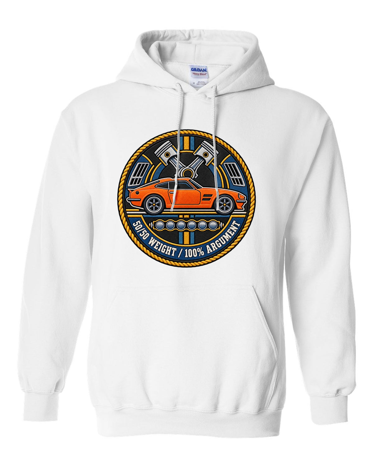 Varsity crest design for the Toyota GR Supra A90 with double-bubble roof white pull over hoodie front view with the design