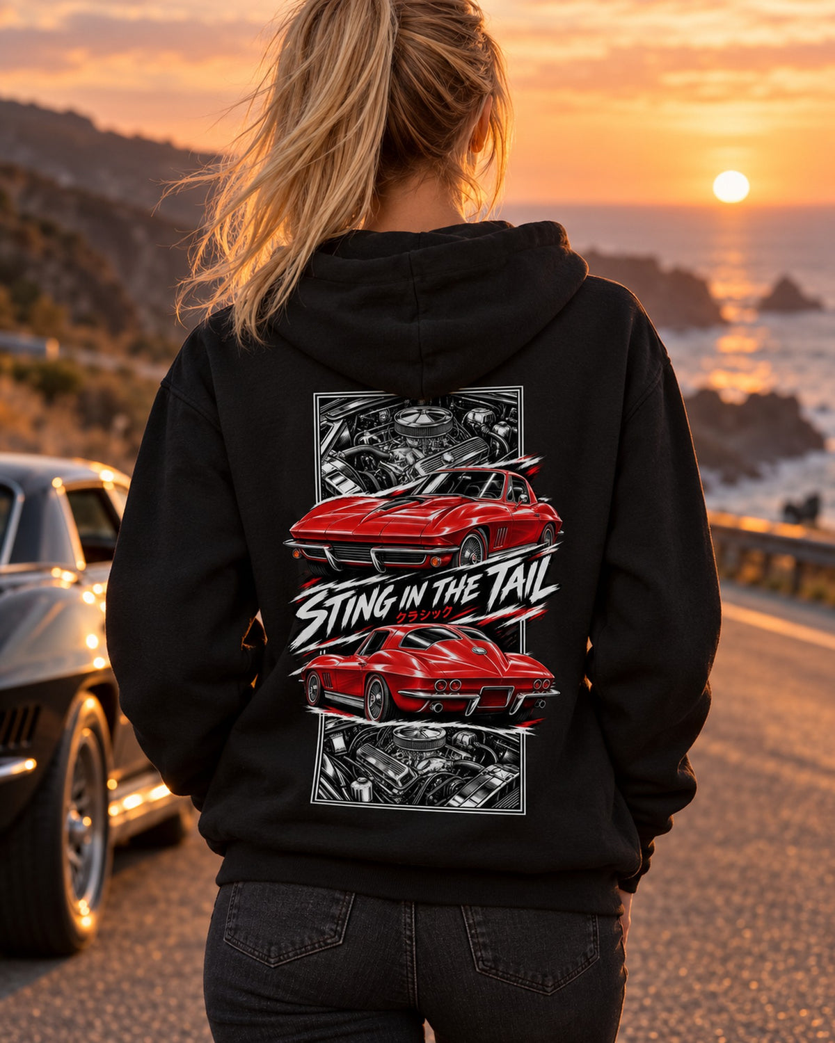 Corvette C2 Torn Poster Full-Back Graphic Tee Pull Over Hoodie Black worn hero