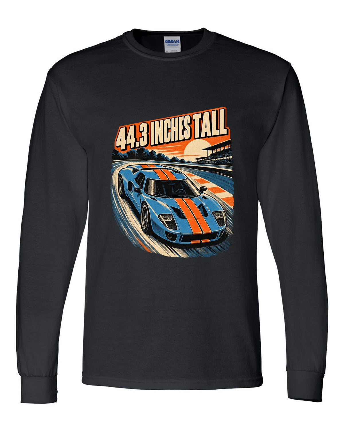 Ford GT 2005 overhead in a retro 1960s Le Mans poster print black long sleeve front view with the design