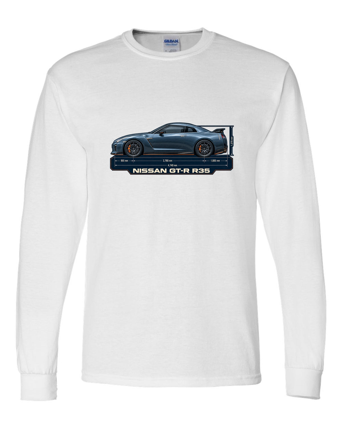 Nissan Z RZ34 Performance dimension blueprint in graphite blue white long sleeve front view with the design