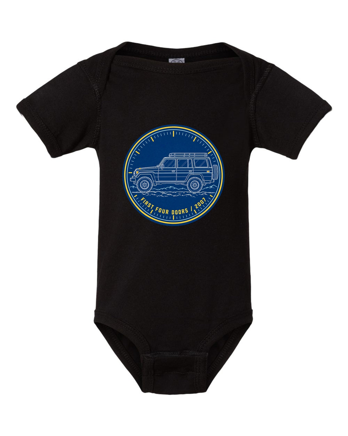 Jeep Wrangler JKU cyanotype blueprint design reading first four doors 2007 black baby onesie front view with the design