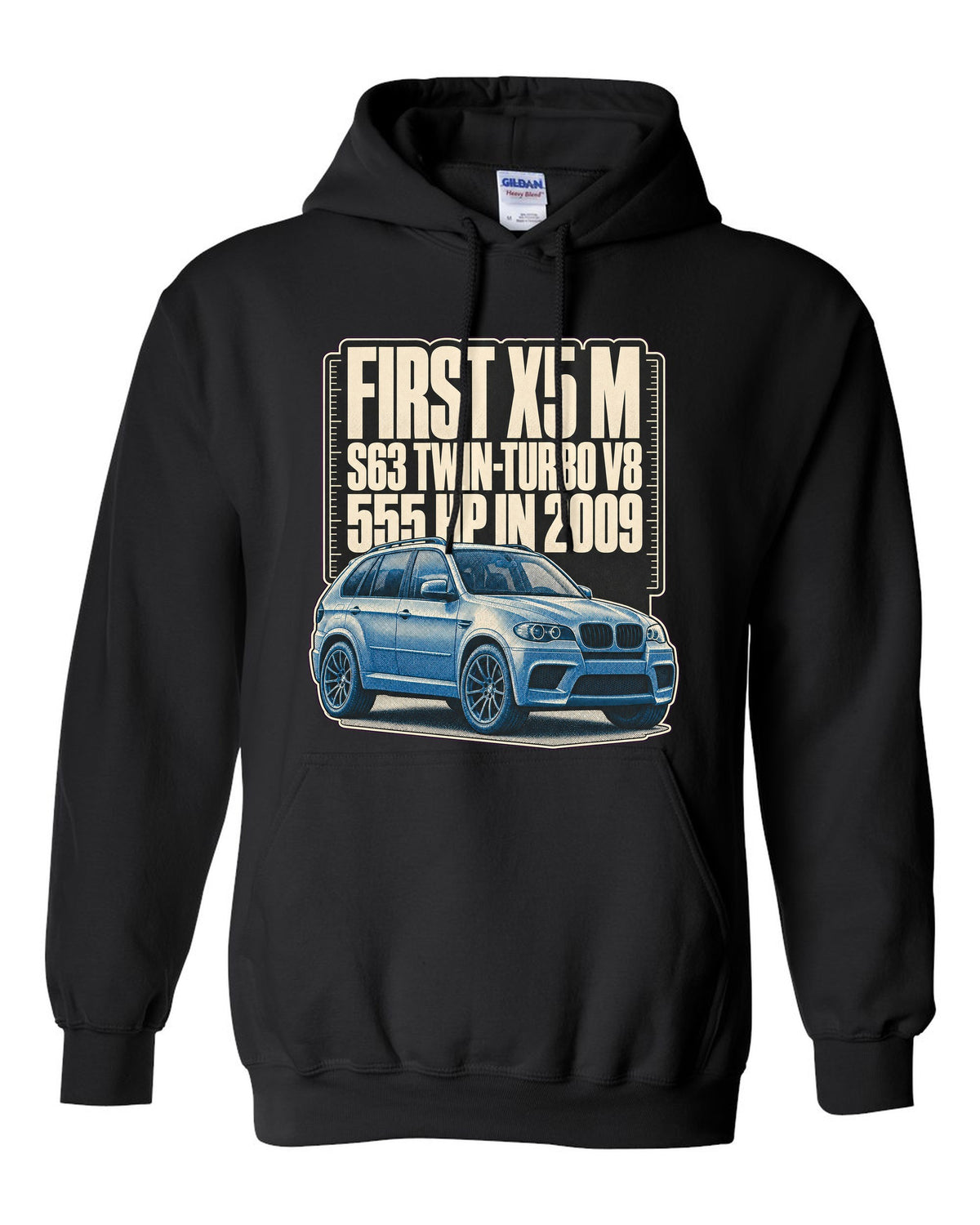 BMW X5 M E70 halftone print on a tee black pull over hoodie front view with the design