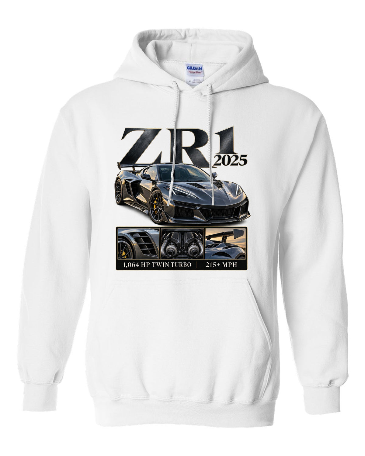 Corvette C8 ZR1 2025 with large fender vents, archive panel white pull over hoodie front view with the design