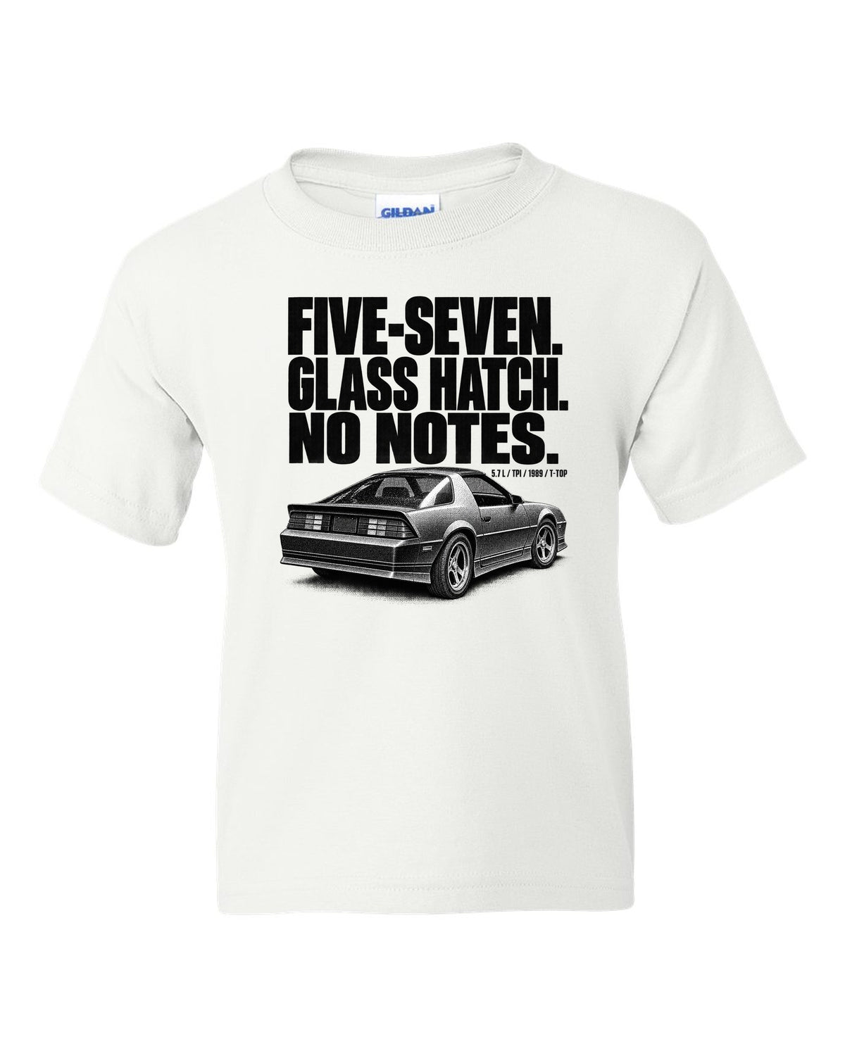 Halftone print of a 1989 Chevrolet Camaro IROC-Z glass ch with five-seven text white kids tee front view with the design