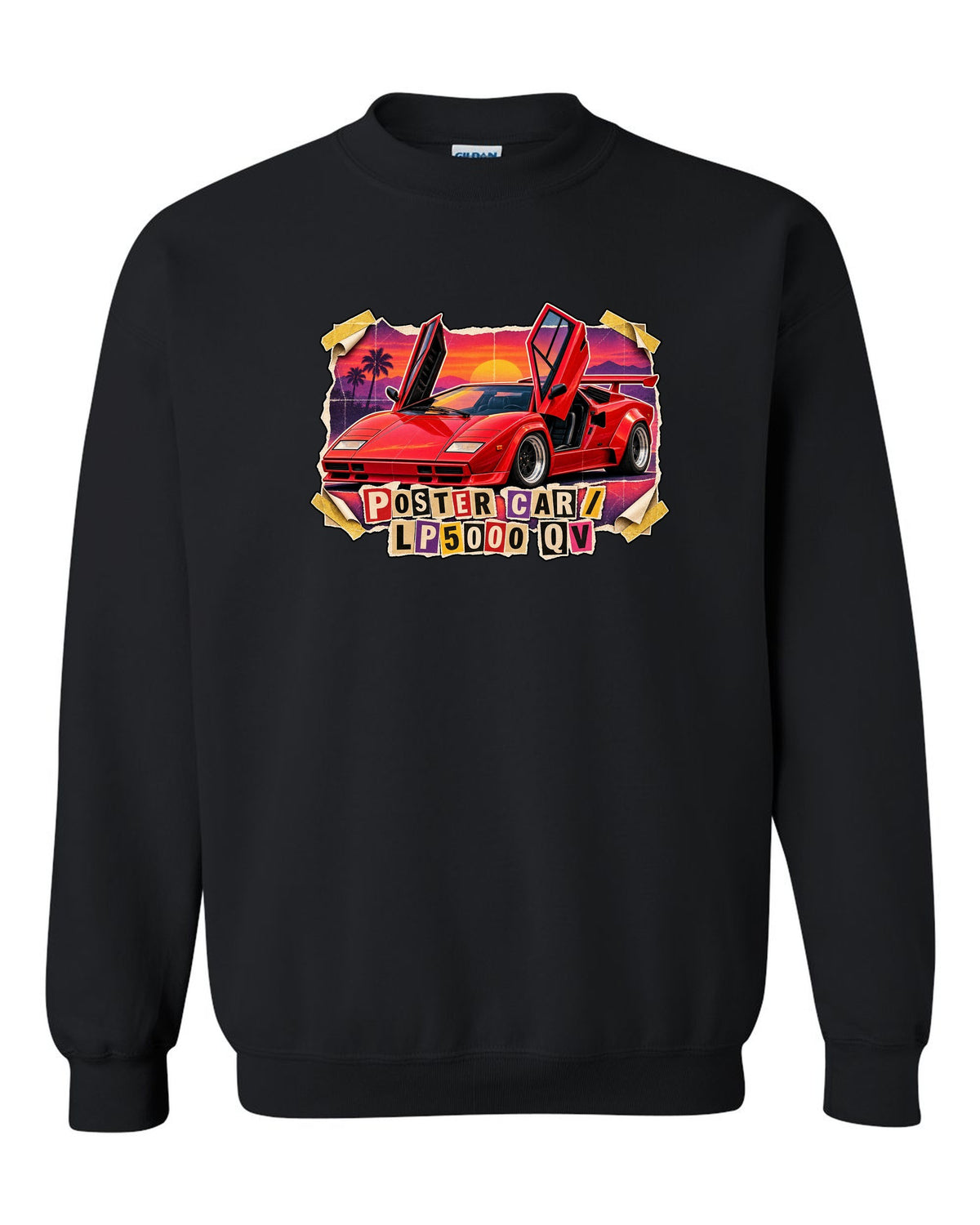 Magazine-cutout collage of a Lamborghini Countach LP5000 QV styled as a pull-out poster car black crewneck front view with the design