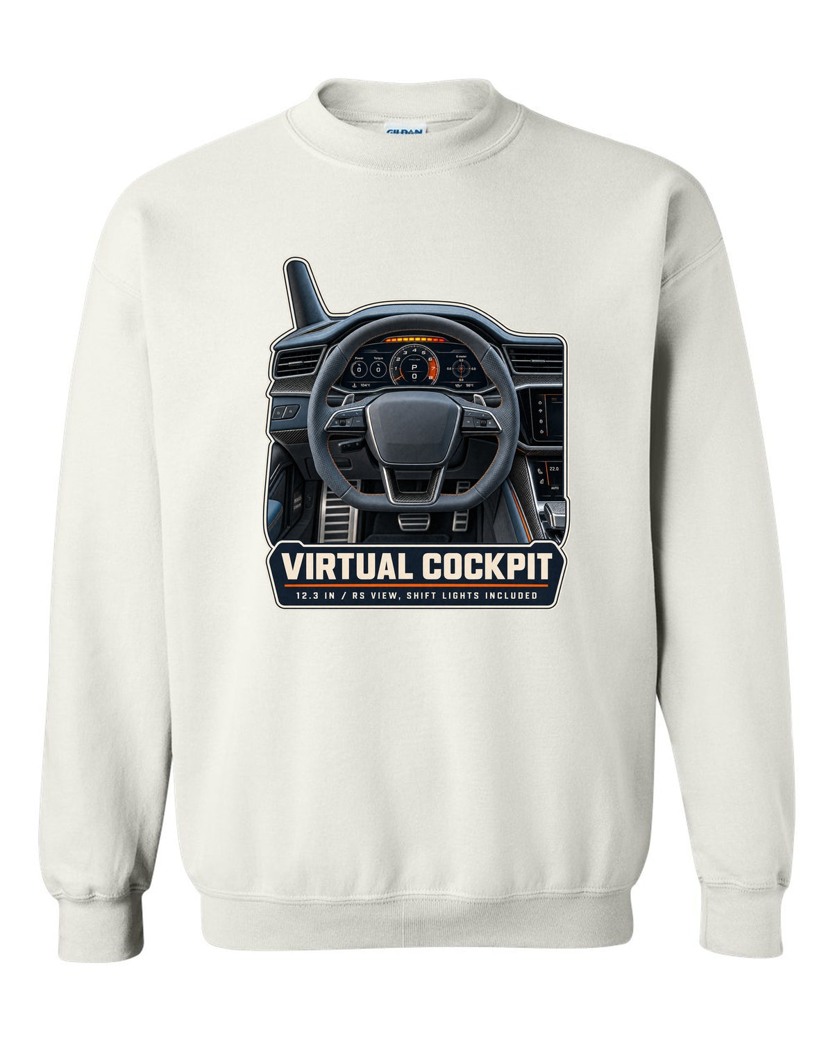 Audi RS7 Sportback C8 virtual cockpit gauge cluster print design white crewneck front view with the design