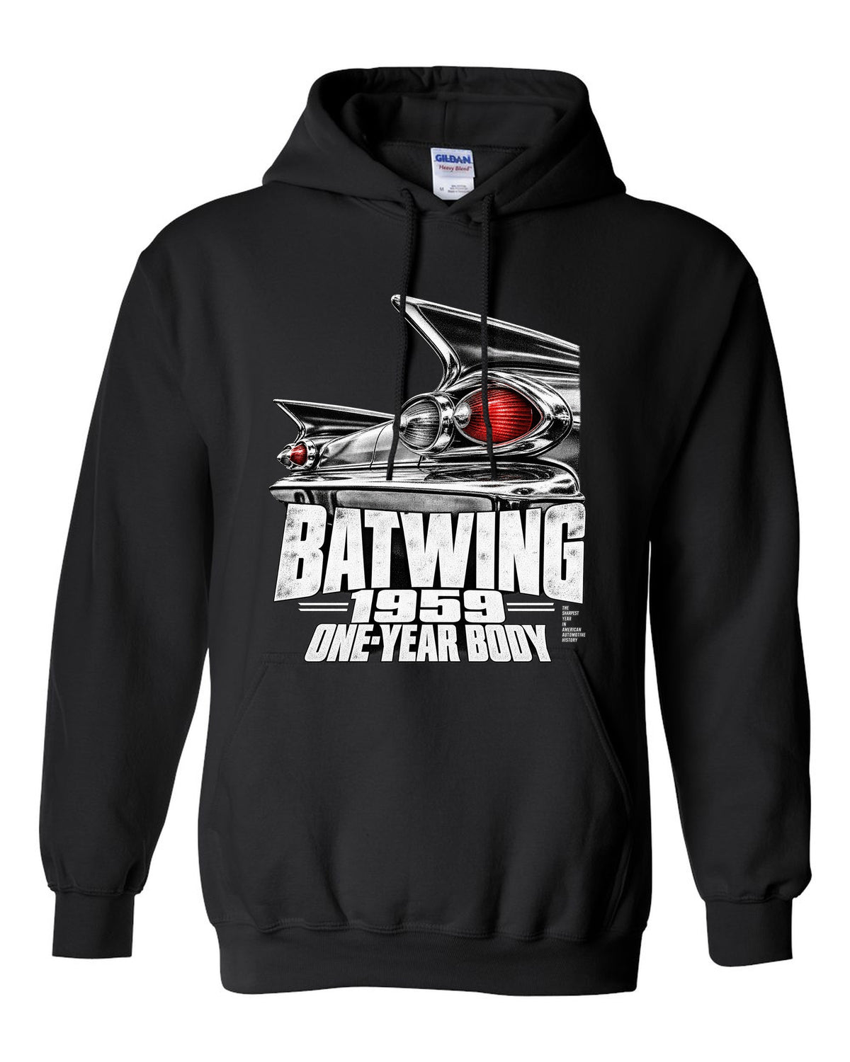 1959 Impala rear batwing taillight macro print with one-year body text black pull over hoodie front view with the design