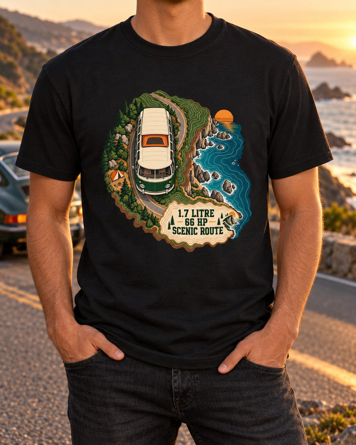 VW Bus T2 Bay Window 1972 Scenic Route Map Shirt T-Shirt Black worn hero