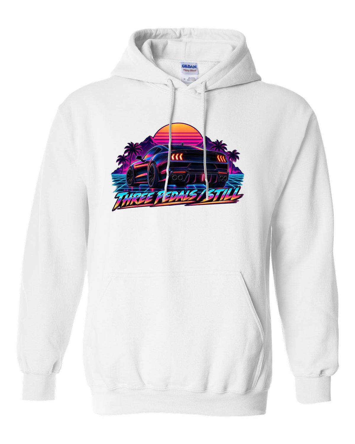 Synthwave outrun 2024 S650 Ford Mustang coupe with Three pedals still text white pull over hoodie front view with the design