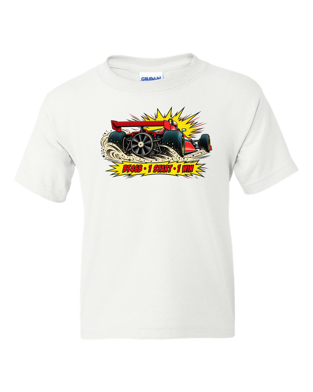 Comic halftone pop-art of the Brabham BT46B fan car with 1 start, 1 win text white kids tee front view with the design
