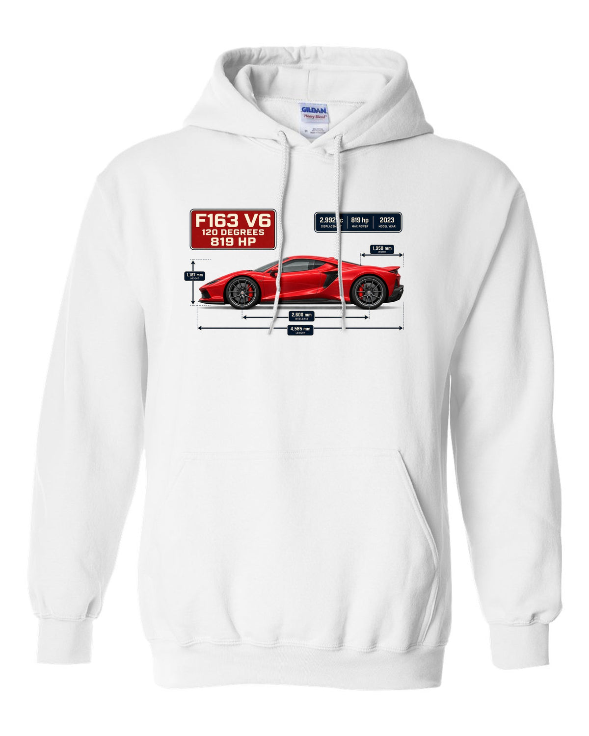 Blueprint style print of a signal red Ferrari 296 GTB with dimension lines white pull over hoodie front view with the design