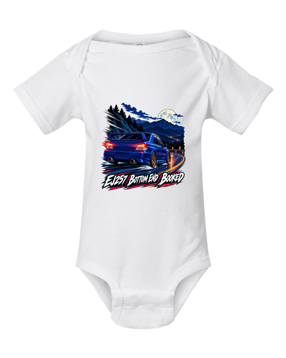 Racing-stripe livery print of a Subaru Impreza WRX GDB Blobeye white baby onesie front view with the design
