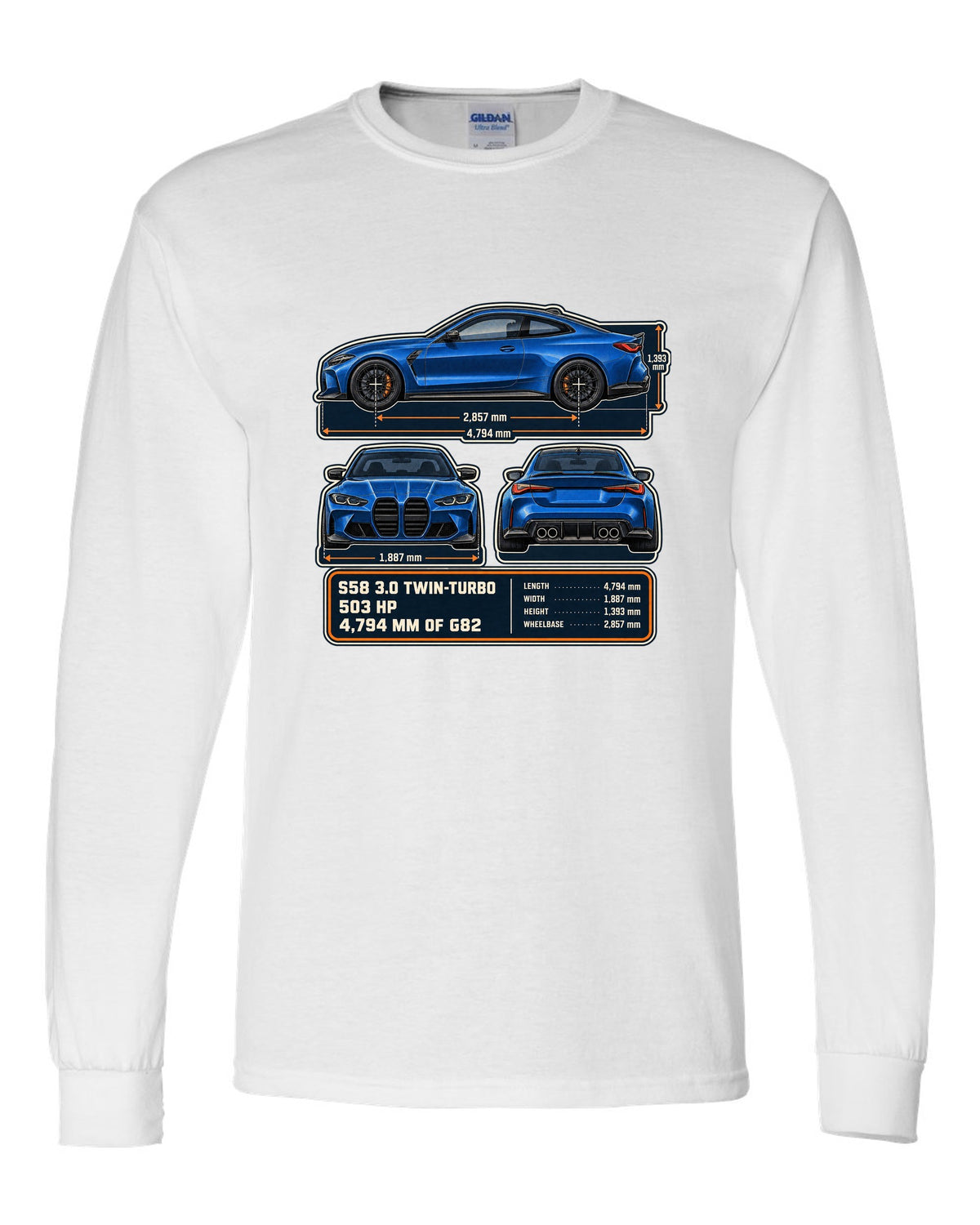 BMW M4 Competition G82 dimension blueprint print with S58 specs white long sleeve front view with the design