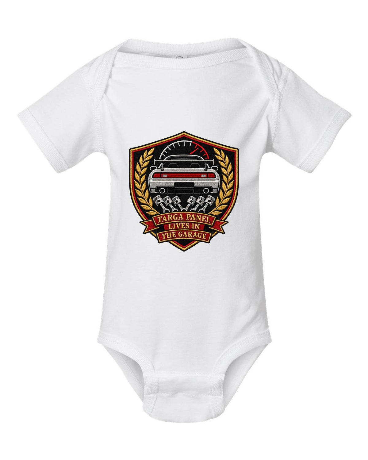 Embroidery-style shield crest print for the Toyota Supra A80 with targa panel lives in the garage lettering white baby onesie front view with the design