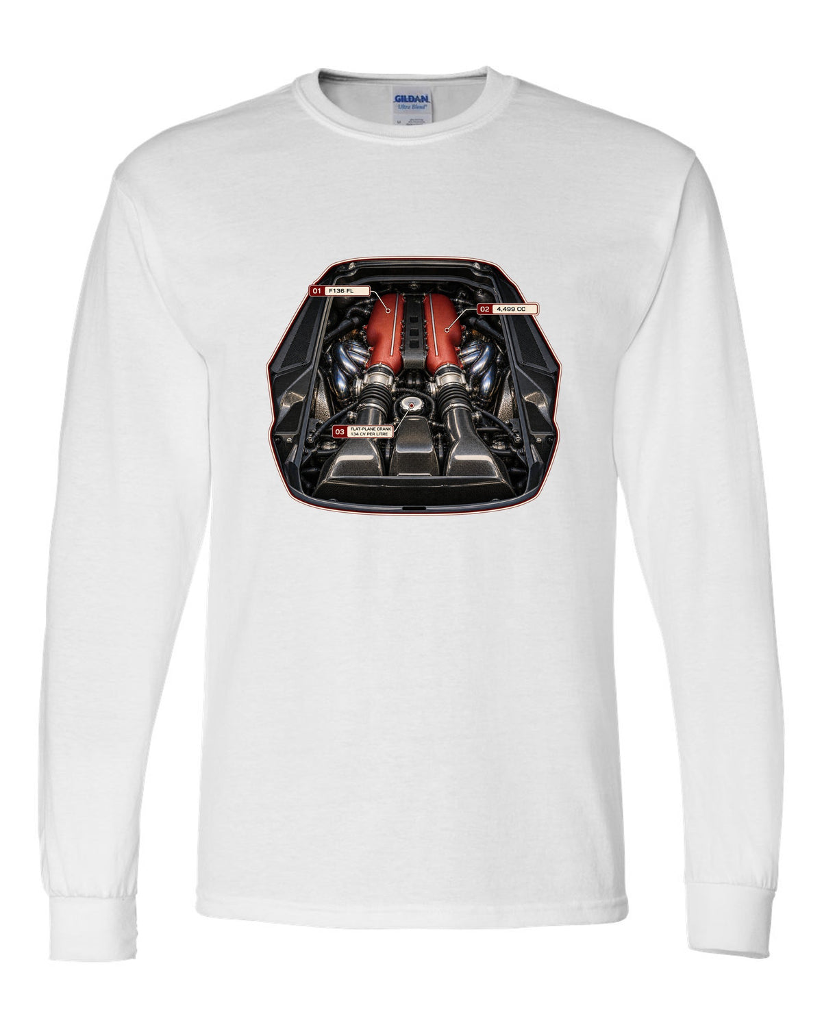 Engine bay print of the Ferrari 458 Speciale F136 FL V8 white long sleeve front view with the design