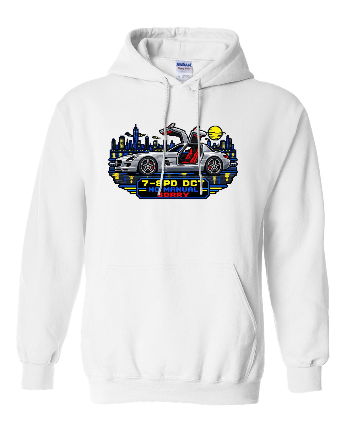 16-bit pixel art Mercedes SLS AMG C197 gullwing with 7-SPD DCT No Manual Sorry text white pull over hoodie front view with the design