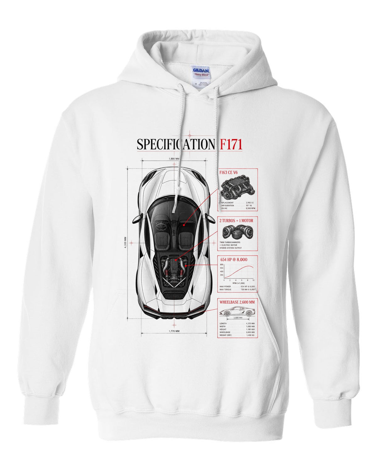 Top-down spec poster print of a Ferrari 296 GTB F171 with wheelbase and F163 CE V6 details white pull over hoodie front view with the design