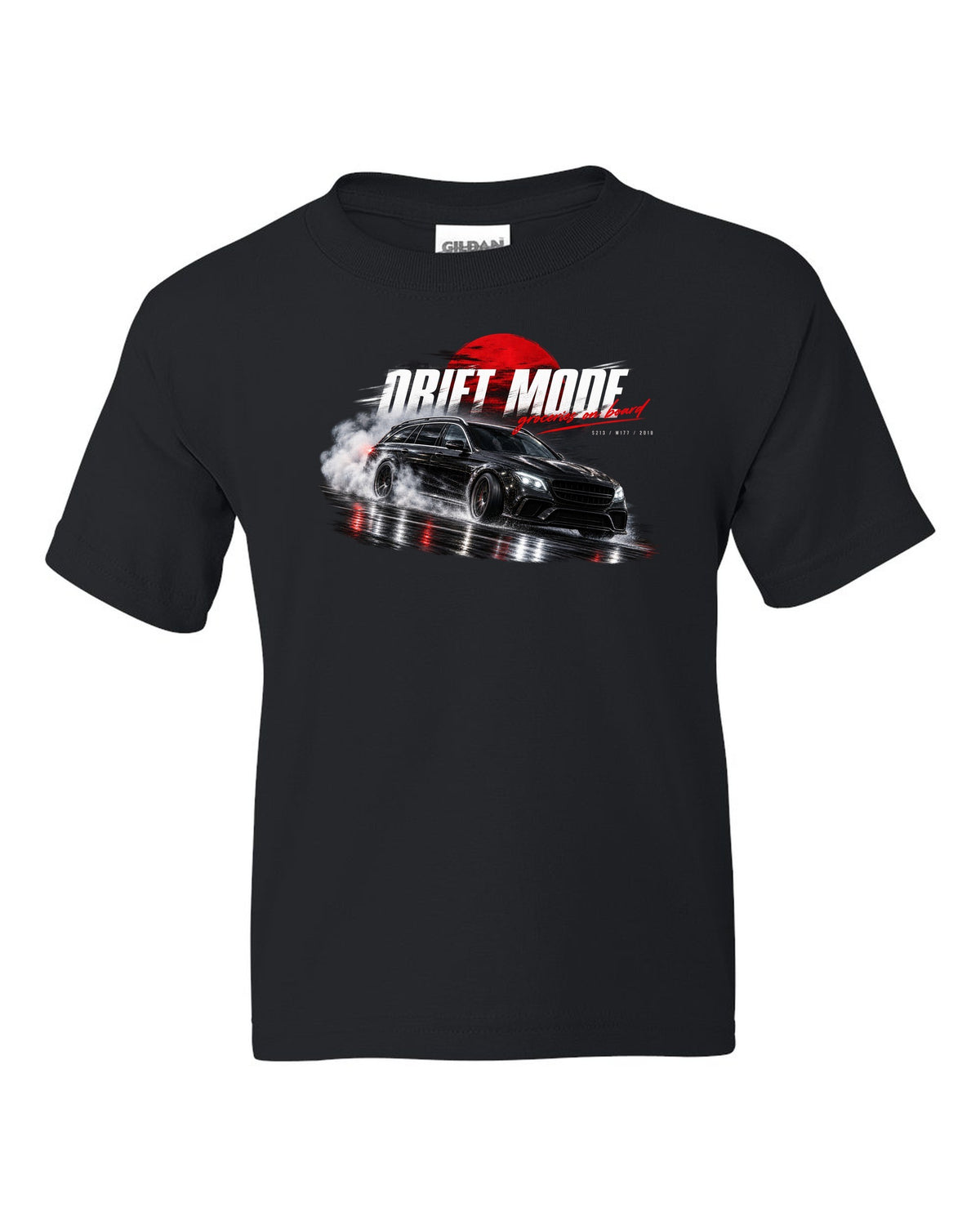 print night drift scene of a 2018 Mercedes E63 S AMG Estate S213 with text Drift Mode groceries on board black kids tee front view with the design