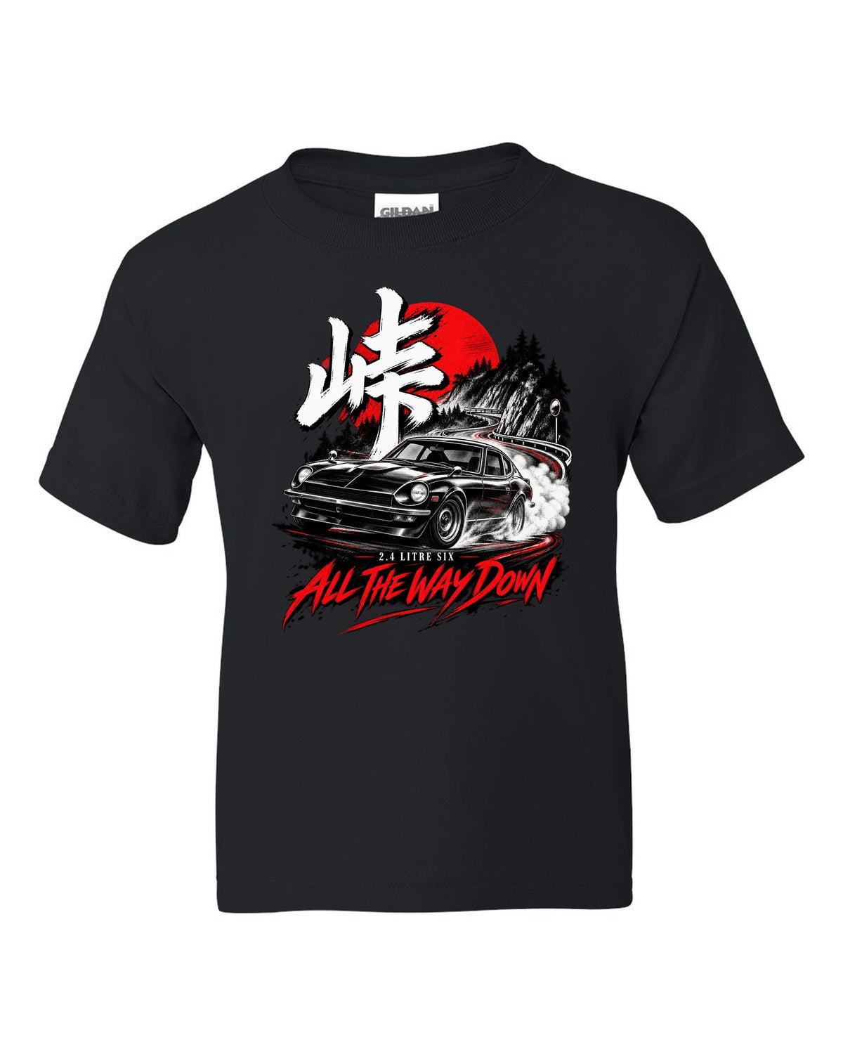 print of a 1971 Datsun 240Z HLS30 sliding downhill at night with touge kanji black kids tee front view with the design
