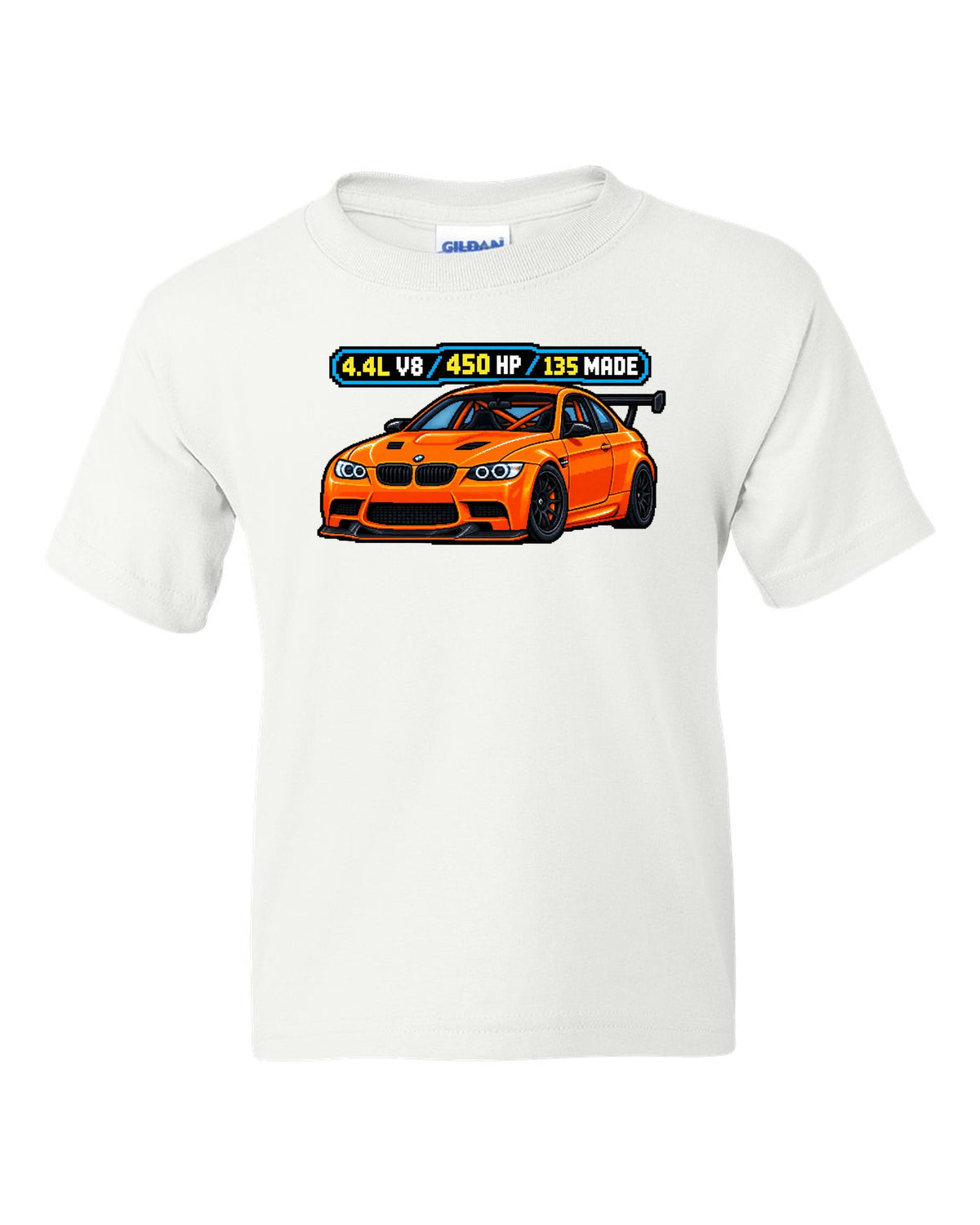 Pixel art print of an orange BMW E92 M3 GTS with 4.4L V8, 450 HP and 135 made text white kids tee front view with the design