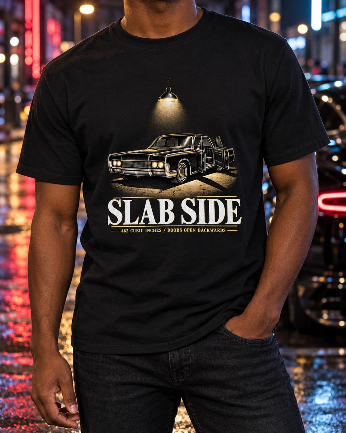 Lincoln Continental 1966 Slab Side Garage Night Shirt T-Shirt Black worn hero