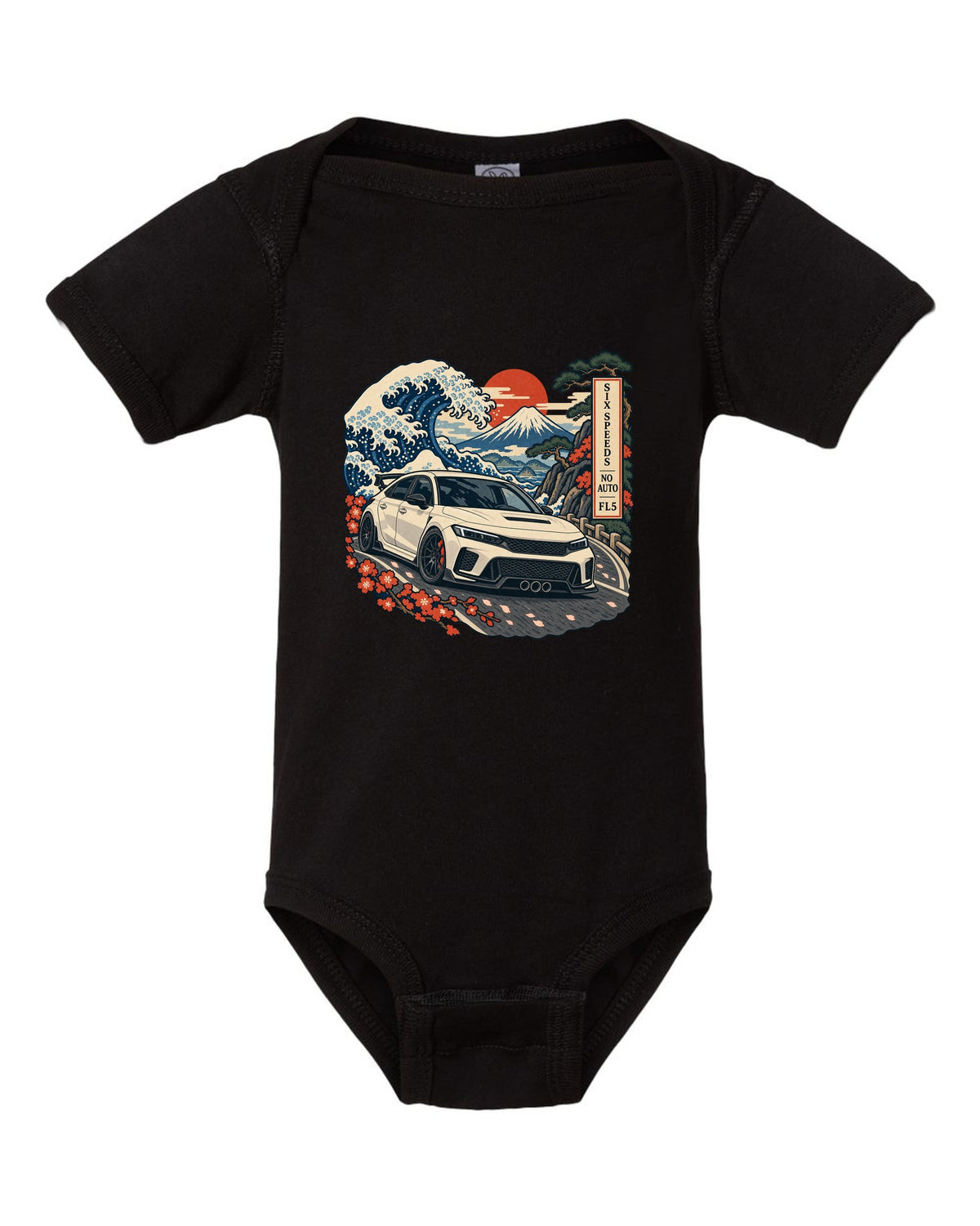 Ukiyo-e woodblock print of a 2023 Honda Civic Type R FL5 on a Fuji pass with six speeds no auto text black baby onesie front view with the design