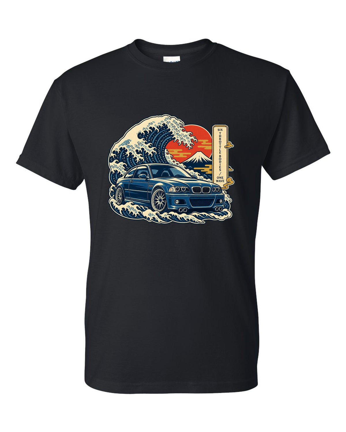 Ukiyo-e woodblock style print of a BMW E46 M3 coupe with six throttle bodies one wave text black t-shirt front view with the design