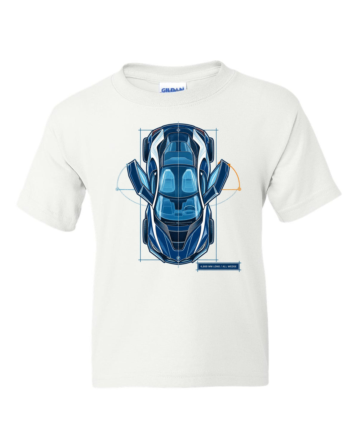 BMW i8 I12 cyanotype blueprint plan view print with 4,689 mm long text white kids tee front view with the design