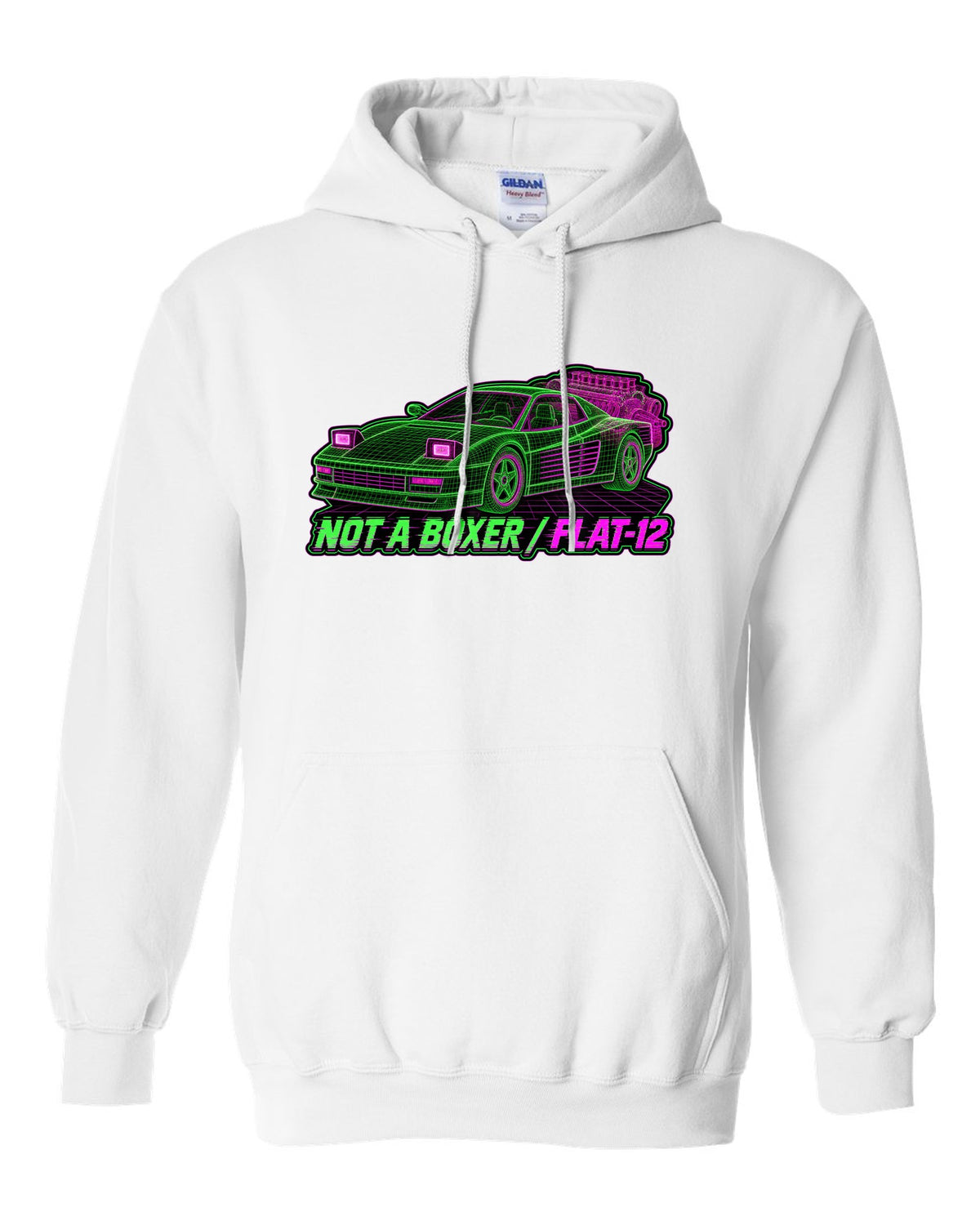 Wireframe mesh print of the Ferrari Testarossa F110 with the text not a boxer, flat-12 white pull over hoodie front view with the design