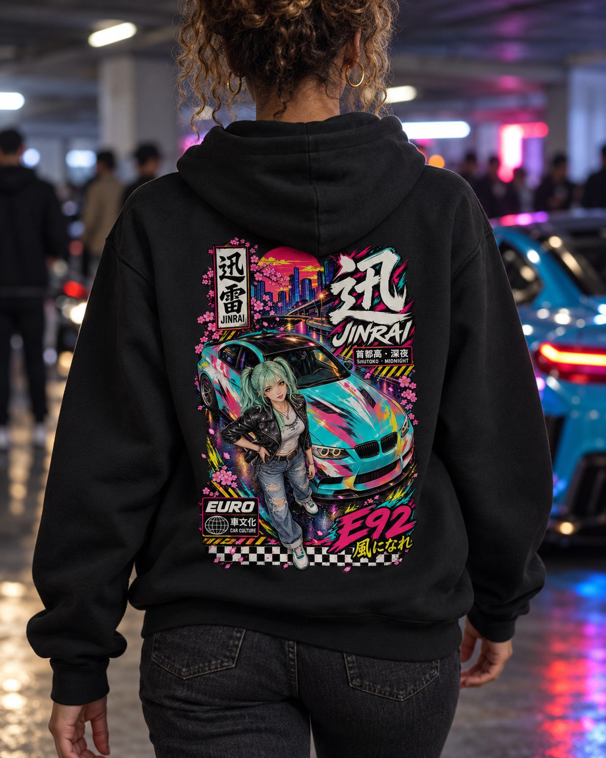 JINRAI E92 Anime Girl Full-Back Graphic Tee Pull Over Hoodie Black worn hero