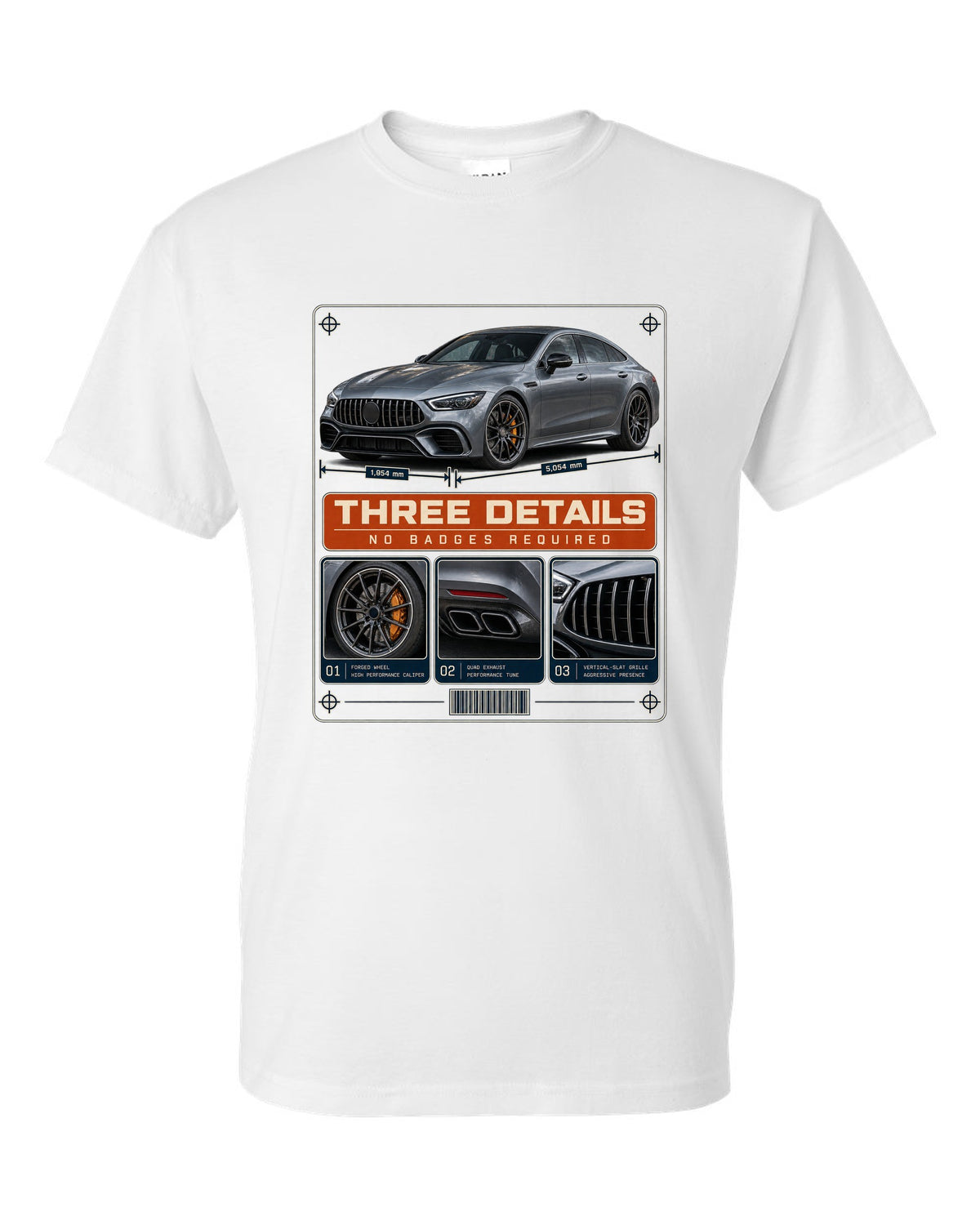 Mercedes-AMG GT 63 S 4-Door X290 dossier panel design in slate and orange white t-shirt front view with the design