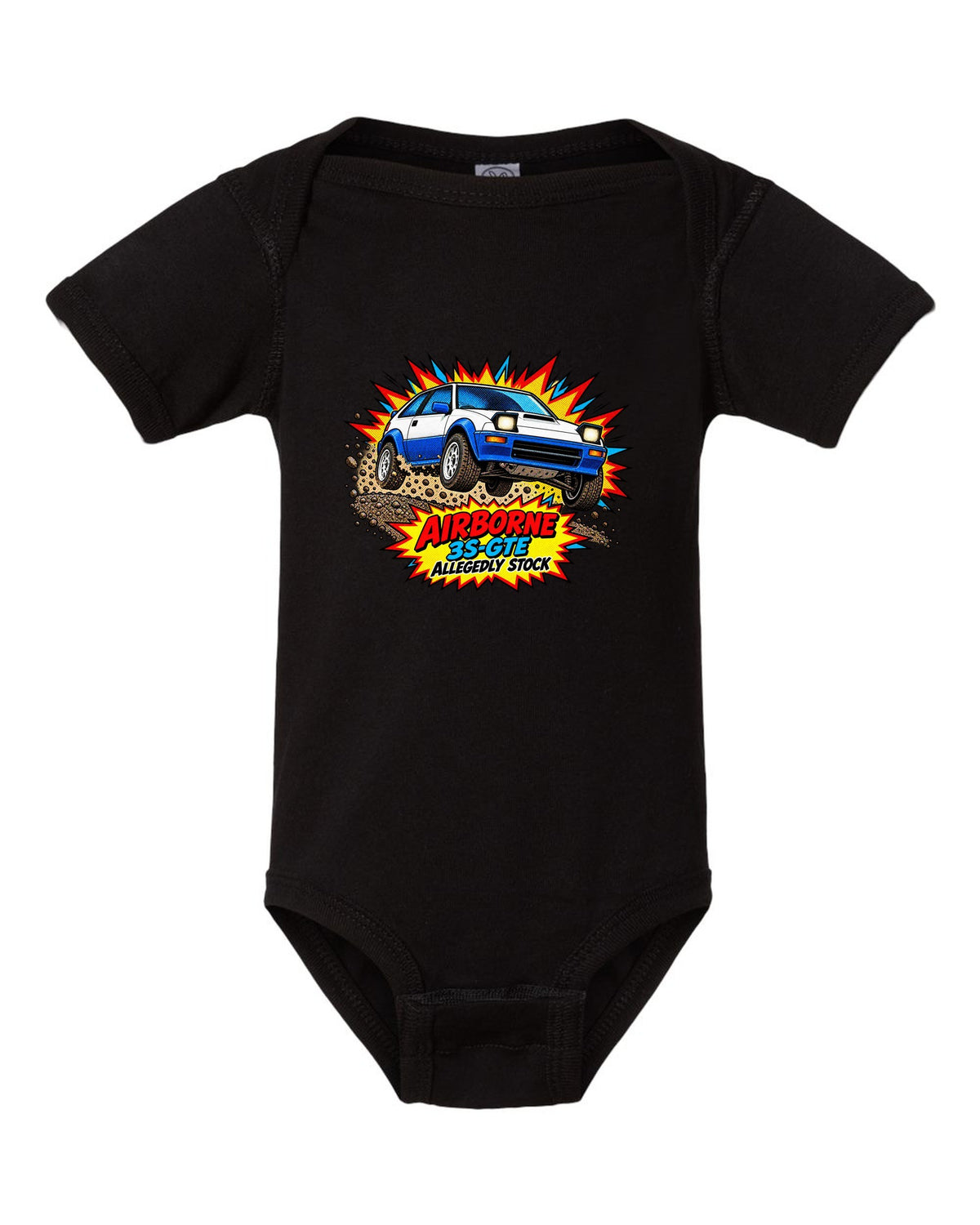 Comic halftone pop art of a Toyota Celica GT-Four ST165 jumping on gravel black baby onesie front view with the design