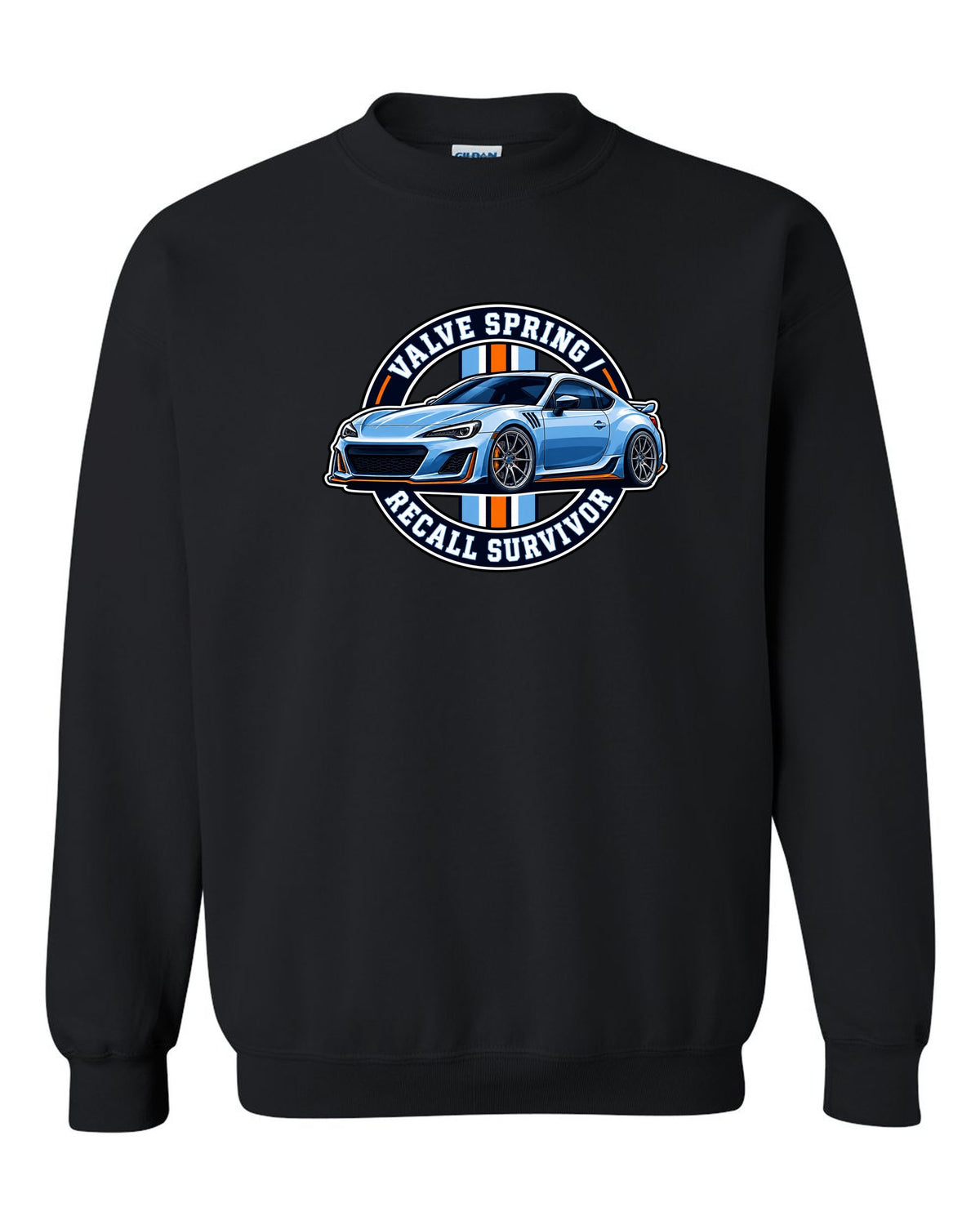 Round varsity crest design for a Subaru BRZ ZC6 reading valve spring recall survivor black crewneck front view with the design