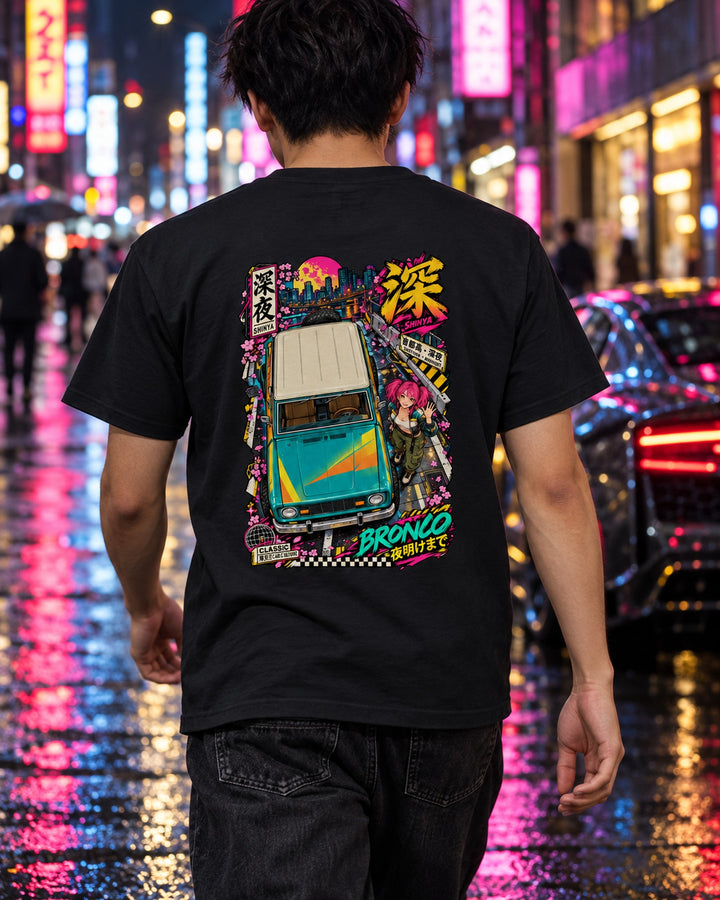 SHINYA BRONCO Anime Girl Full-Back Graphic Tee T-Shirt Black worn hero