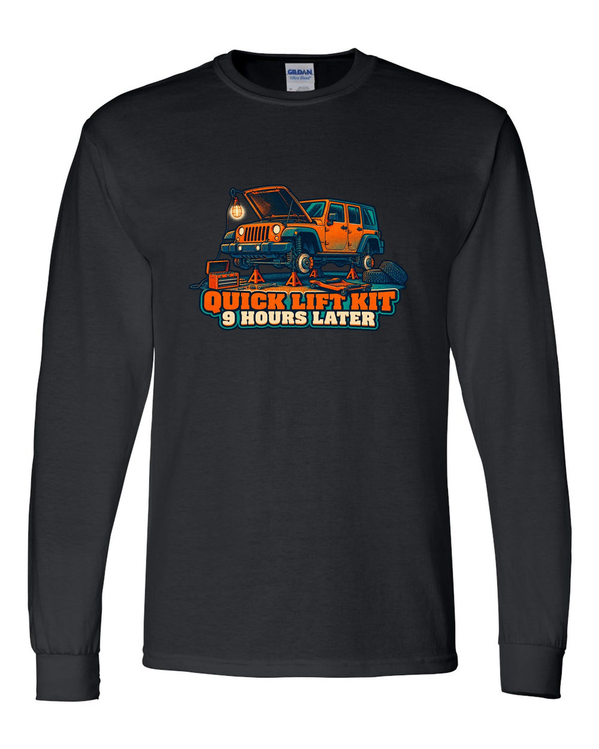 Risograph-style print of a Jeep Wrangler JKU four-door with lift kit joke text black long sleeve front view with the design