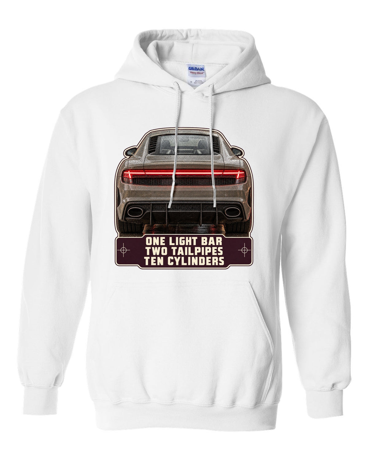 Audi R8 V10 performance rear taillight macro print design white pull over hoodie front view with the design