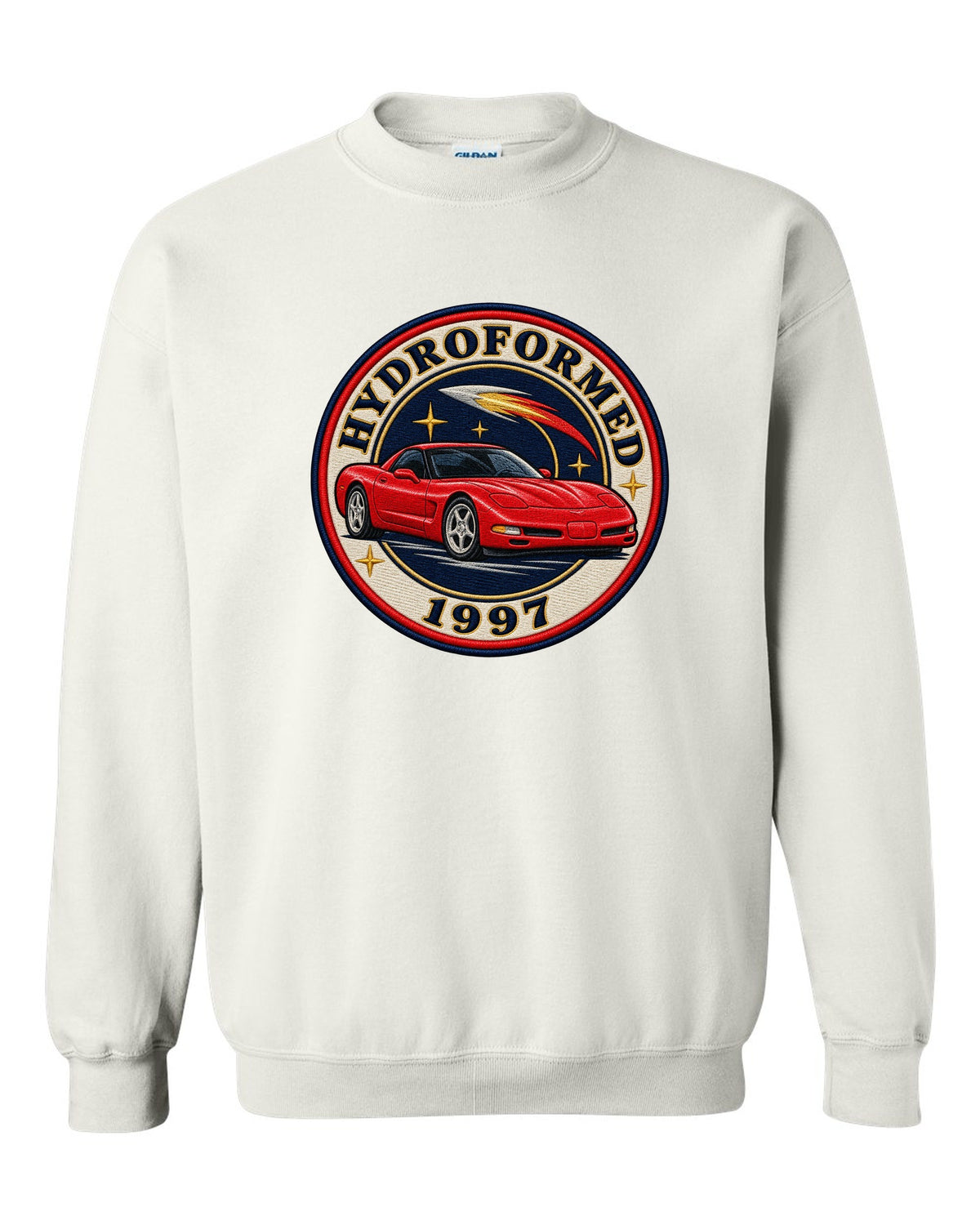 Embroidery style varsity crest print of a 1997 Chevrolet Corvette C5 coupe with Hydroformed text white crewneck front view with the design