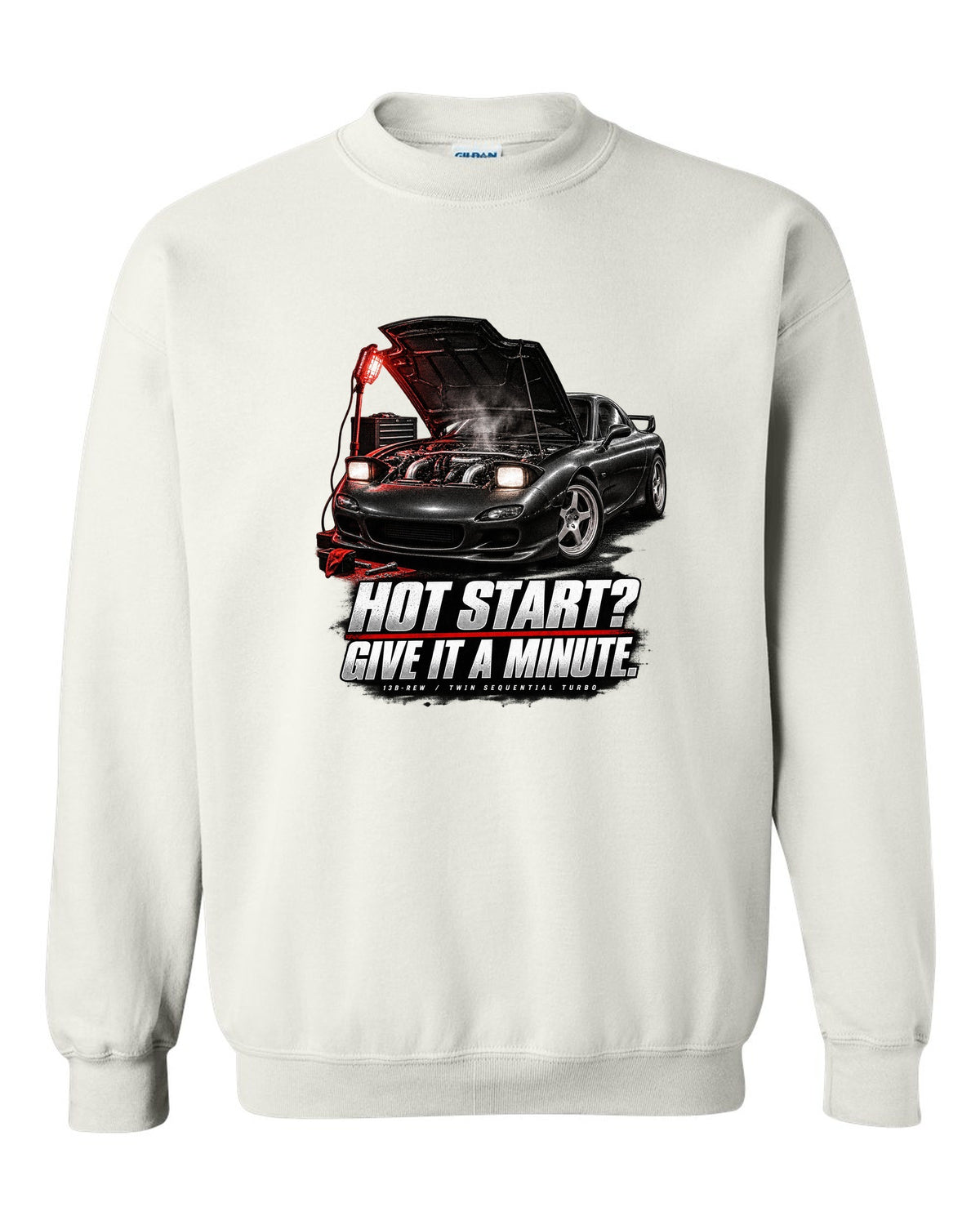 Garage night print of a Mazda RX-7 FD3S with hot start joke and 13B-REW lettering white crewneck front view with the design