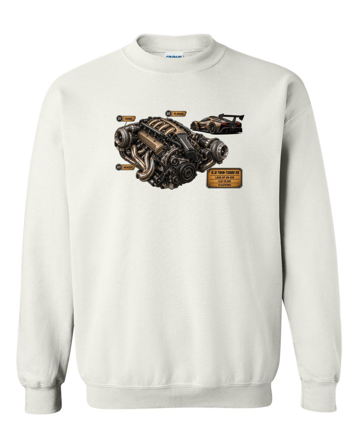 print engine hero of a Koenigsegg Jesko in bronze-grey carbon weave white crewneck front view with the design
