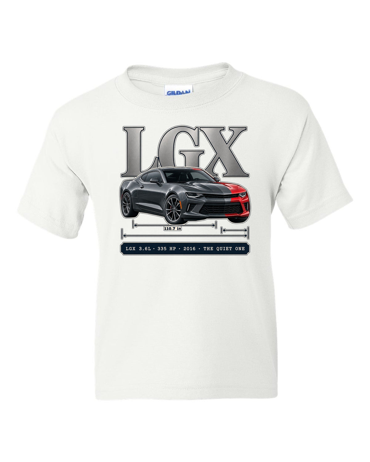 Archive panel print of a 2016 Chevrolet Camaro V6 with LGX 3.6L white kids tee front view with the design