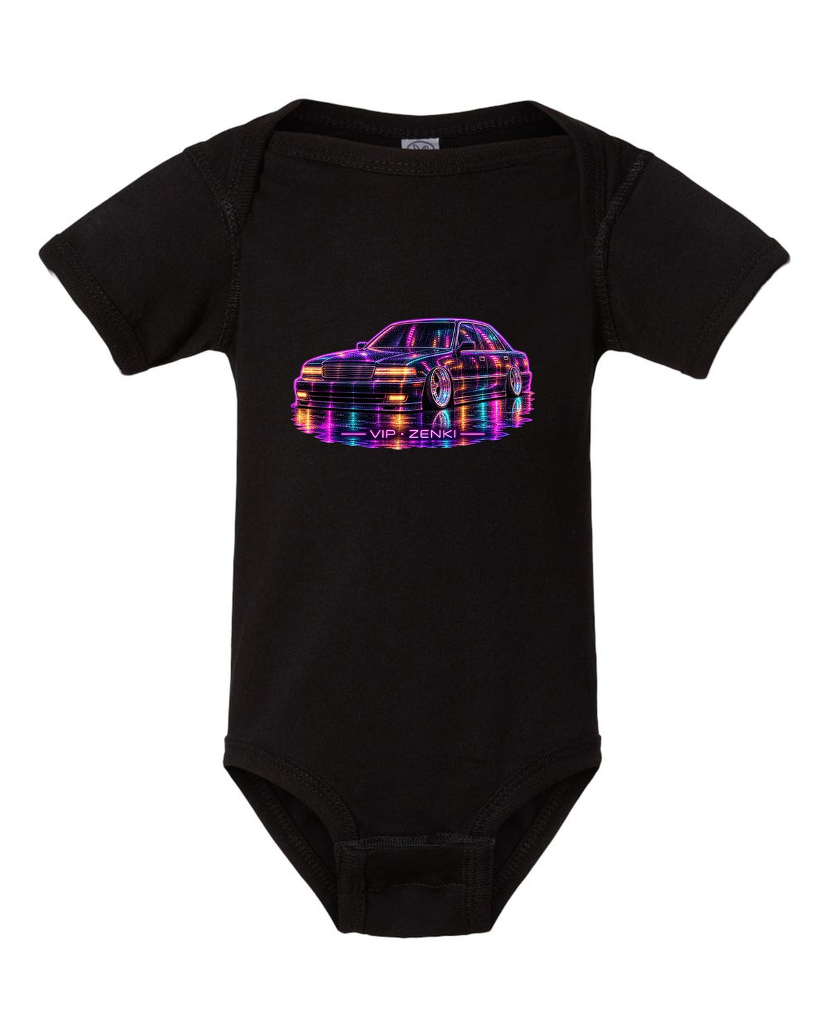 Neon line illustration of a slammed Japanese luxury sedan in the rain with VIP ZENKI lettering black baby onesie front view with the design