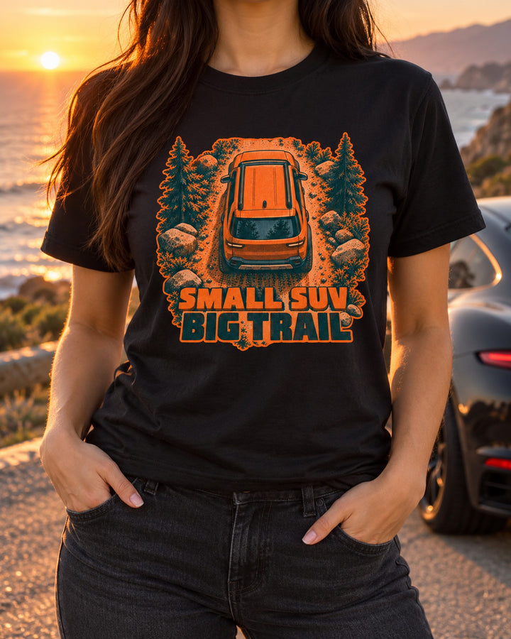 Rivian R2 Riso Overhead Print Shirt, Small SUV Trail Tee T-Shirt Black worn hero