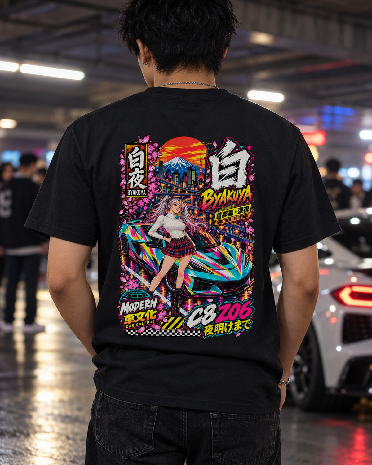 BYAKUYA C8 Z06 Anime Girl Full-Back Graphic Tee T-Shirt Black worn hero